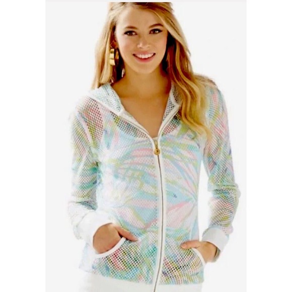 Lilly Pulitzer Sz X-Small Mesh Zip Up Hoodie Jacket White Green Pink Stripes - Picture 1 of 14